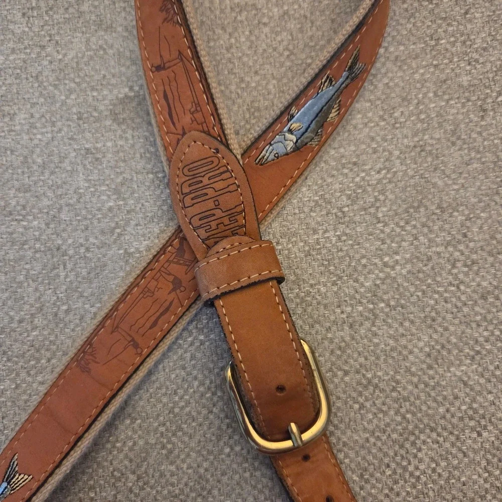 ZEP-PRO Mens Fishing Belt Tan Leather Canvas Snook Embroidered Solid Brass 42 44